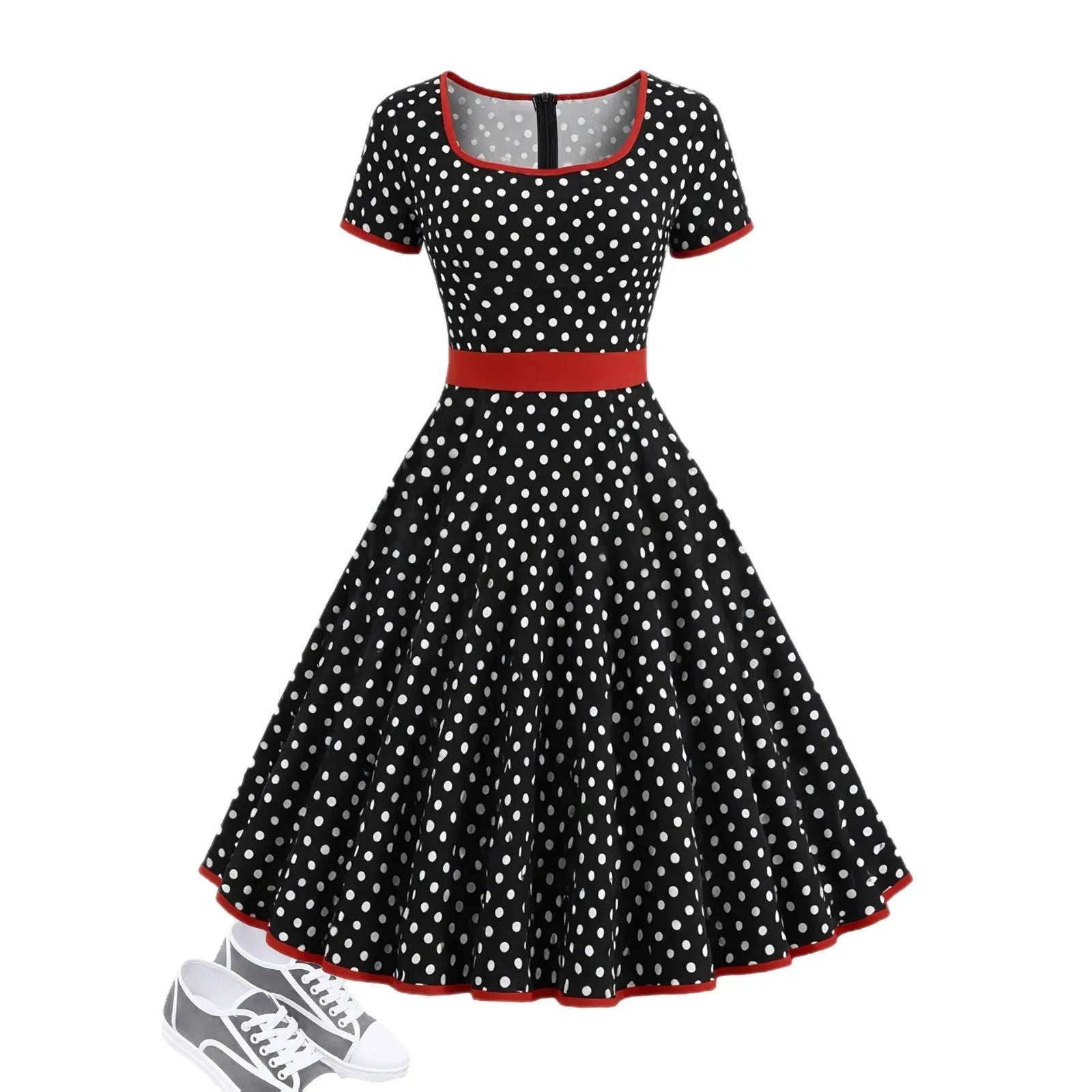 Polka dot square collar pleated dress with short sleeves in multicolour polyester fabric