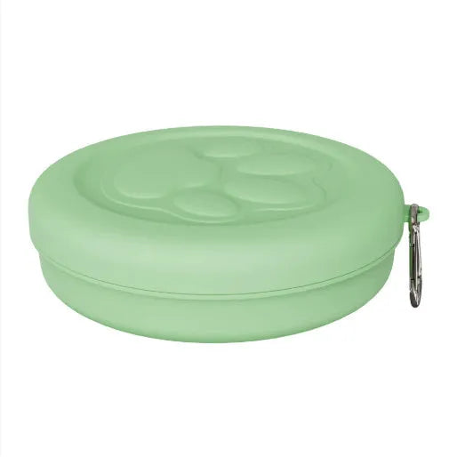 Collapsible portable dog food bowl shown in pink and green colour options