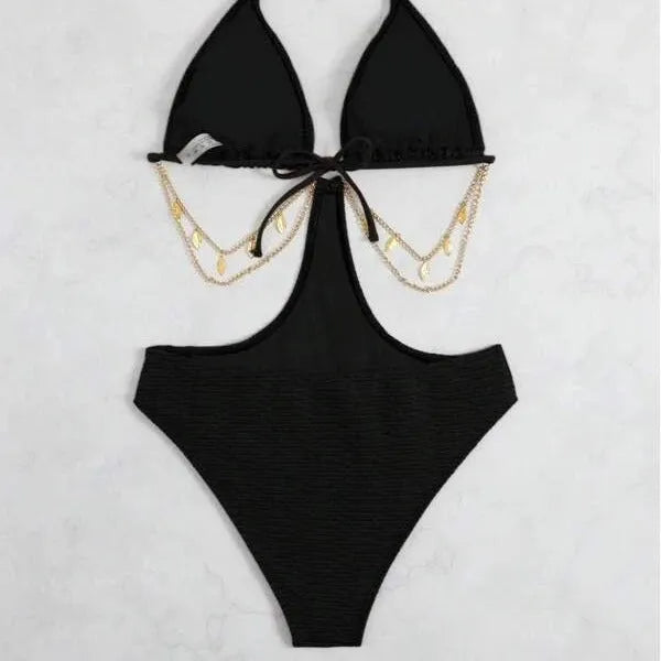 Women's black polyester bikini swimsuit with chain-link detailing, showing front view