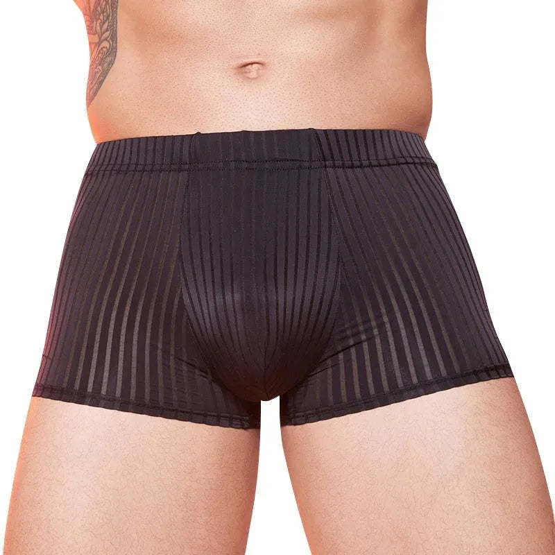 Men's striped underwear in thin transparent nylon, shown in black, dark grey, and white.