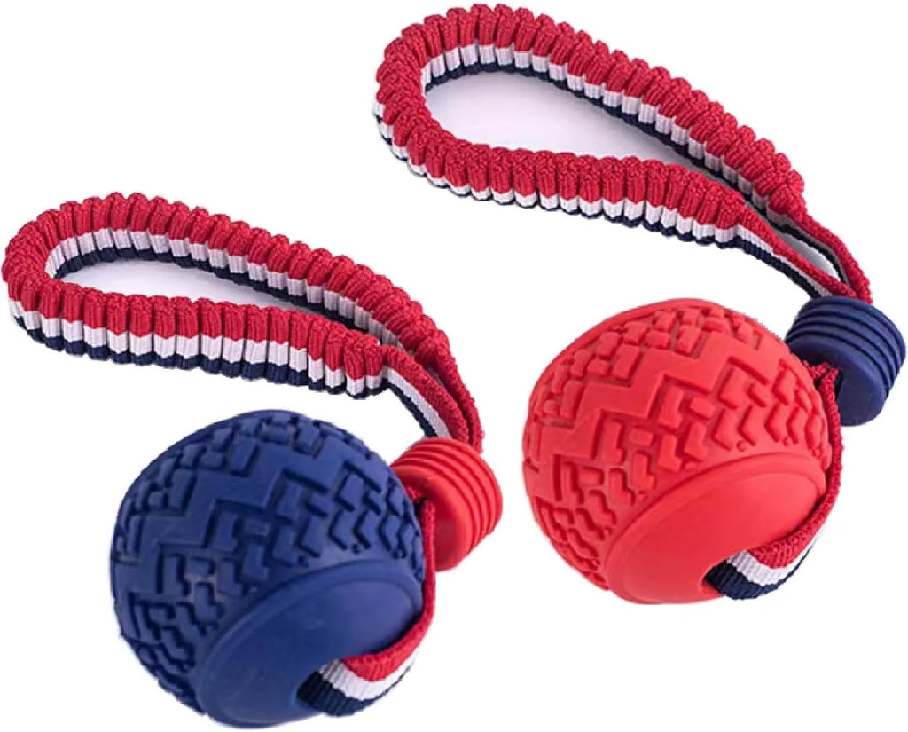Blue rubber dog ball with attached rope toy for tug of war and dental cleaning
