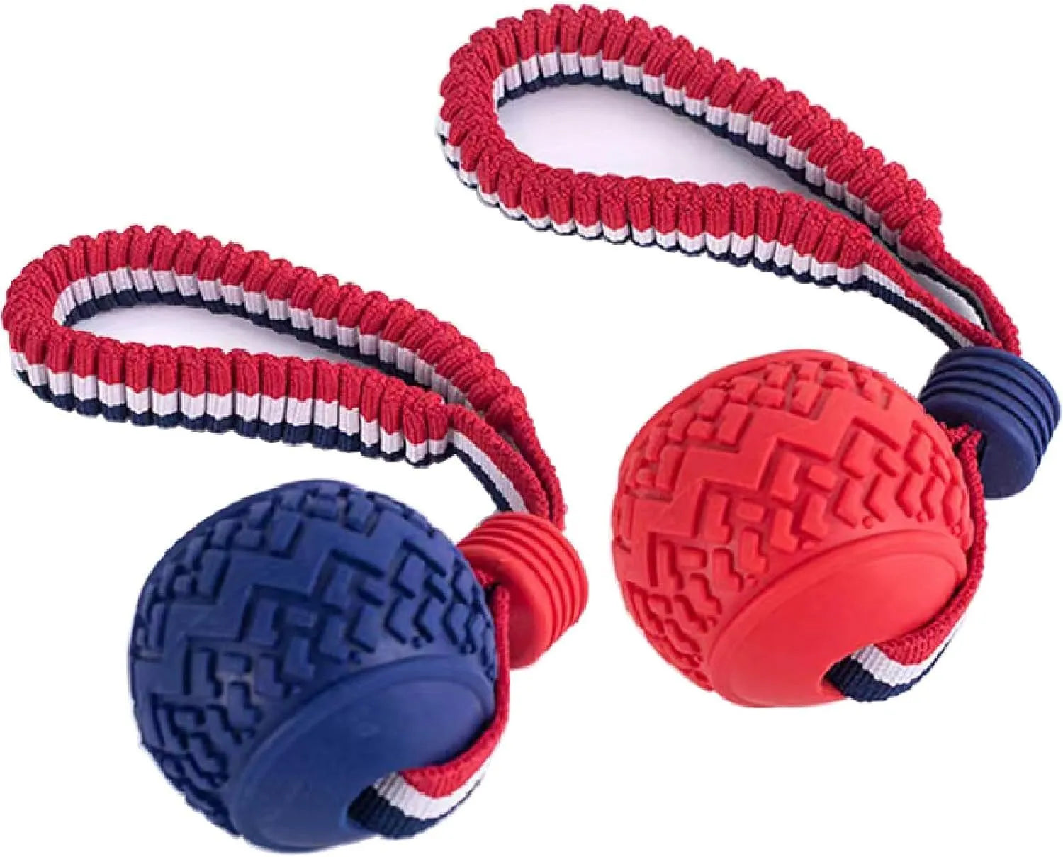 Blue rubber dog ball with attached rope toy for tug of war and dental cleaning
