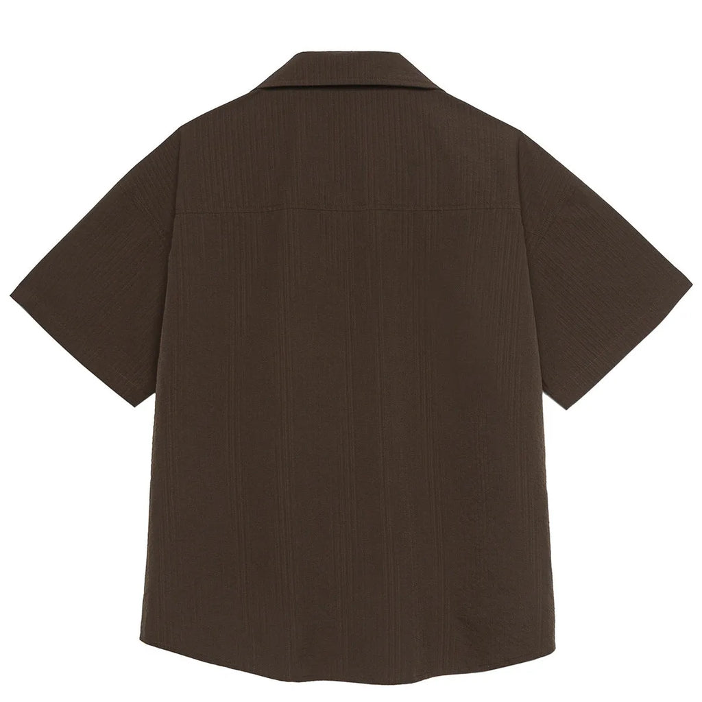 Brown striped Cuban collar short sleeve shirt for outdoor activities