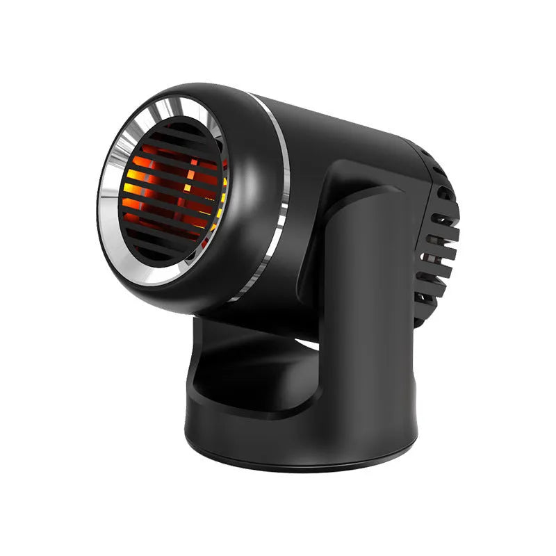 Black and white 12V car heater unit with dual hot cold settings for vehicle defrosting