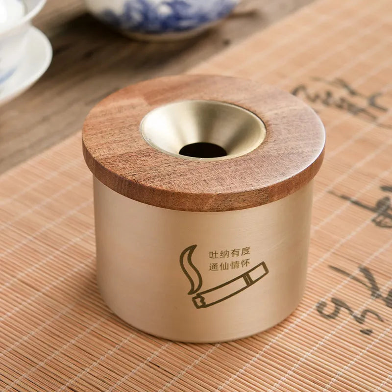 Retro brass ashtray with wooden lid in blackwood or rosewood option