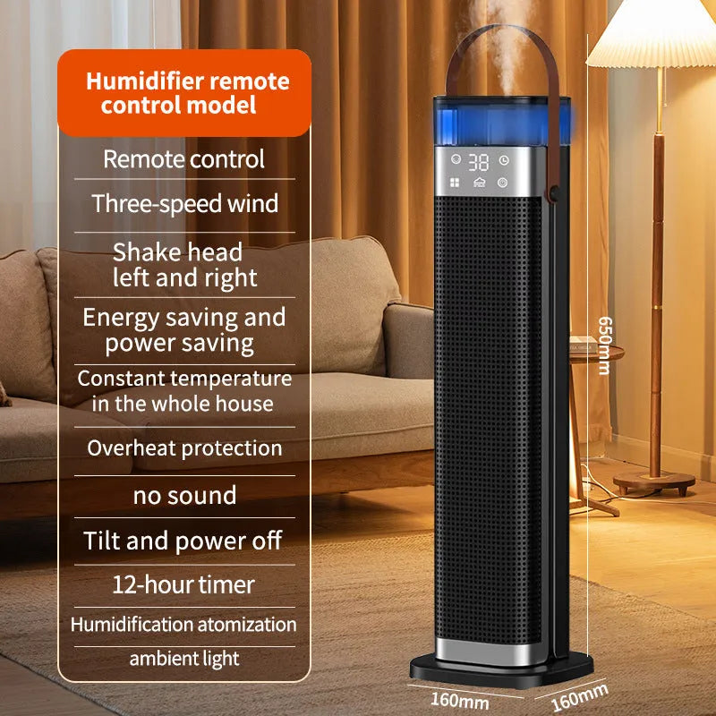 Tall, slim vertical heater with remote control and voice command function for room humidification and heating.
