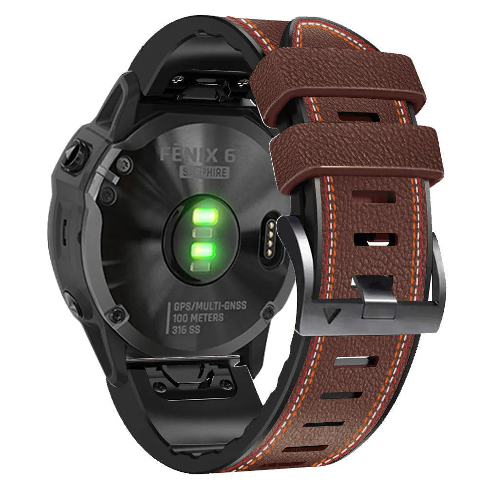 Silicone leather quick-release watchband for Garmin Fenix smartwatches in black, shown with detached spring bars.