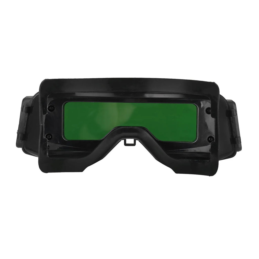 Black automatic darkening welding mask with large viewing window and dual arc sensors