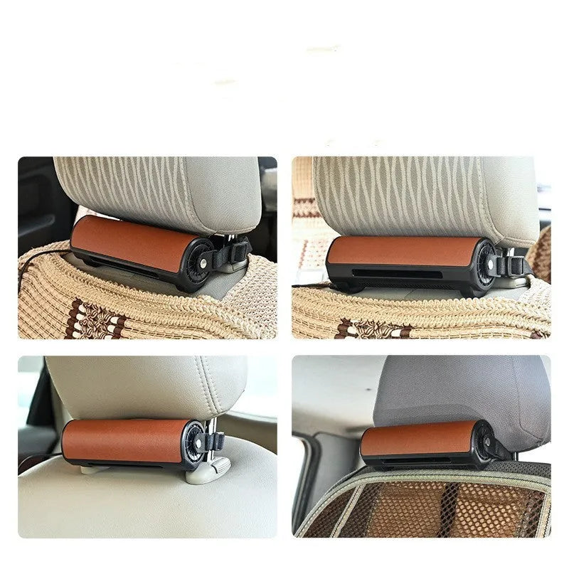 Black USB-powered car fan with three-speed buttons, shown next to a red and brown version.