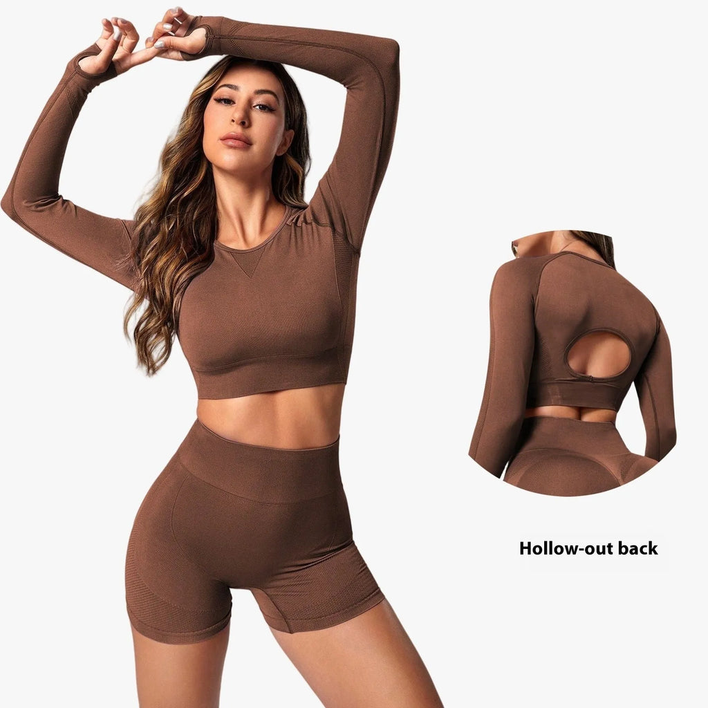 Women's black high waist yoga suit set with long sleeve top and trousers for fitness