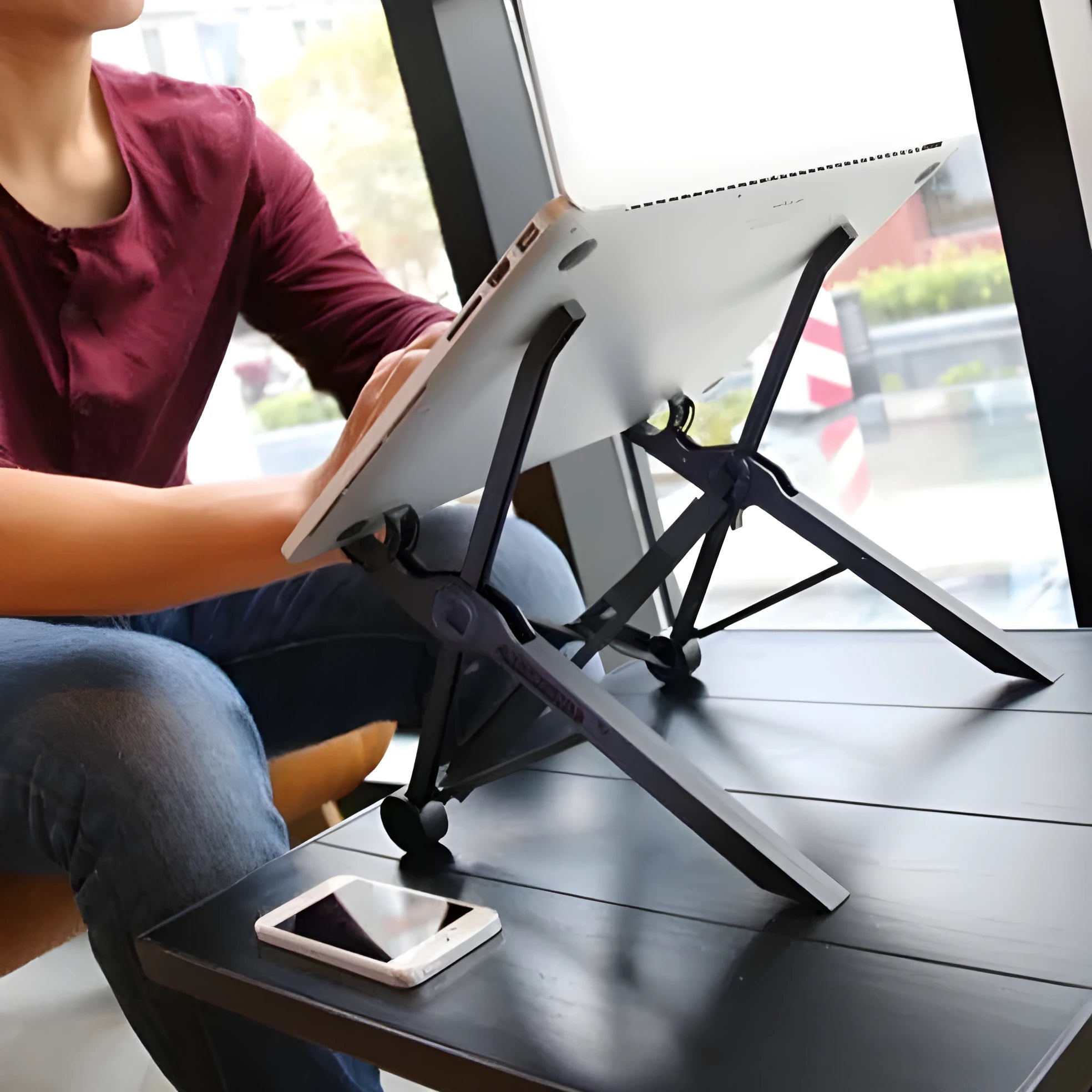 Sagacious black portable folding laptop bracket measuring 40cm wide with carrying case