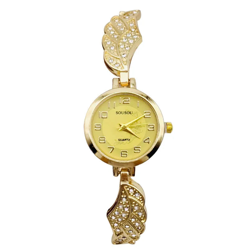 Stainless steel women's watch with round dial showing gold surface option and vachette clasp