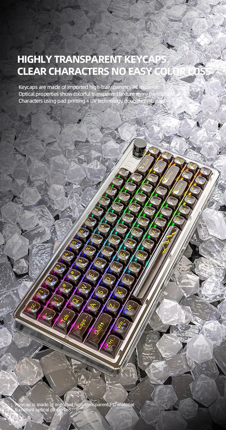 Attack Shark K75 RGB wireless mechanical keyboard with transparent PC case showing internal lighting