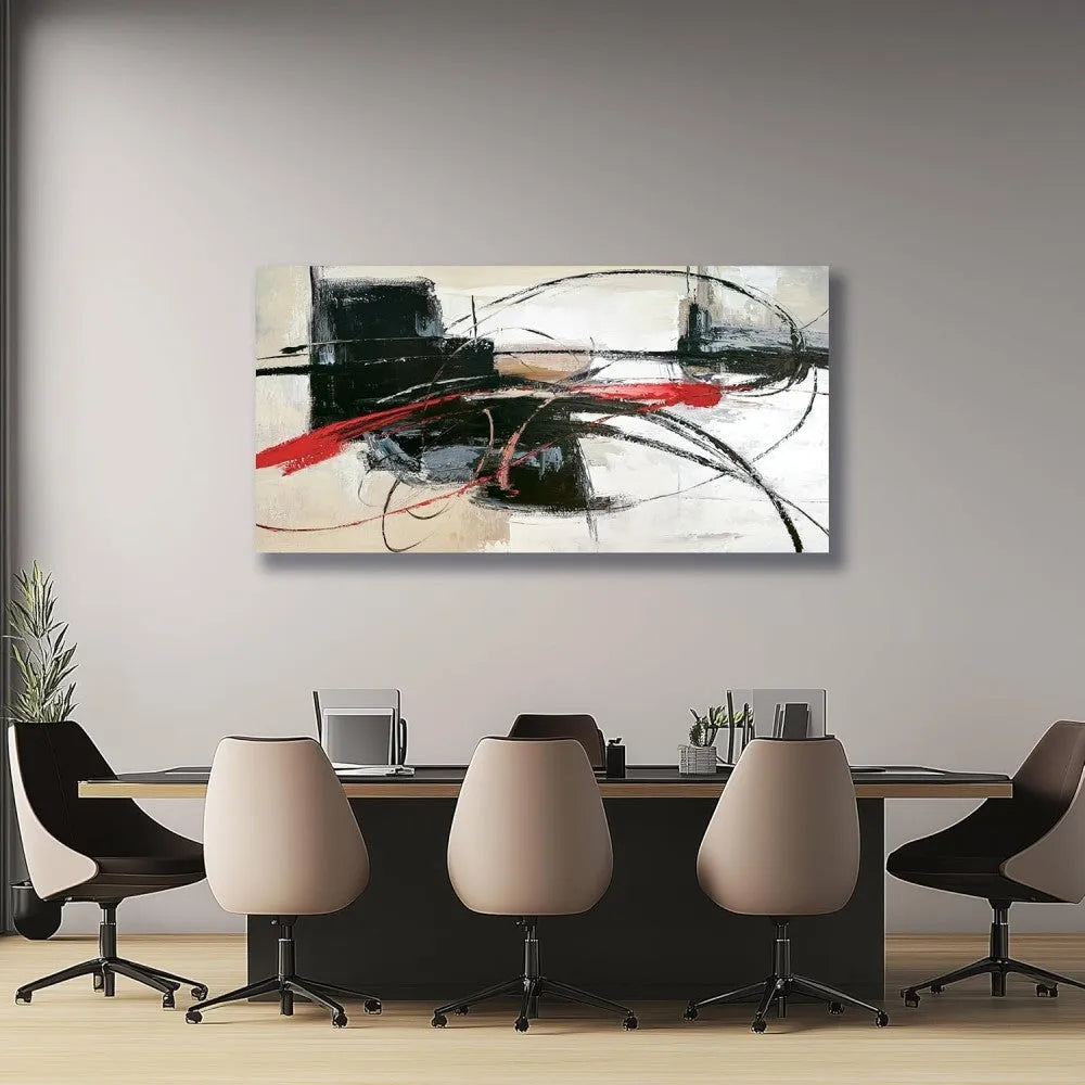 Handmade abstract oil painting on canvas, rolled and unframed, horizontal one-panel wall art