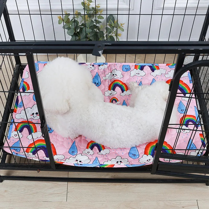 Washable waterproof pet urine pad in animal world pattern showing cloth surface and non-slip backing