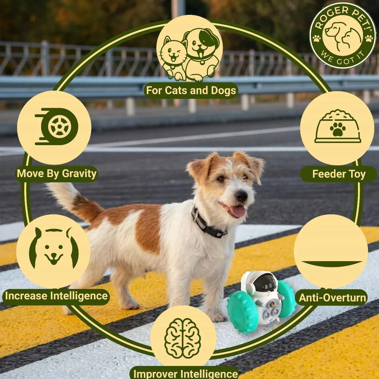 Self-balancing pet treat dispenser toy in robot design for small dogs and cats