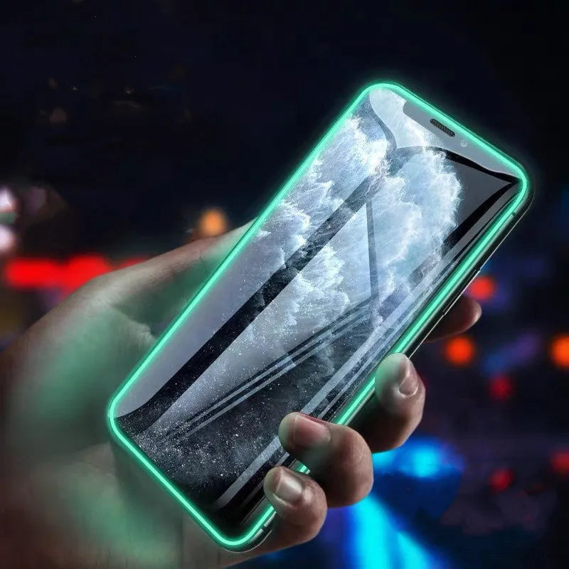 Luminous full cover tempered glass screen protector for iPhone showing glowing edge in dark.