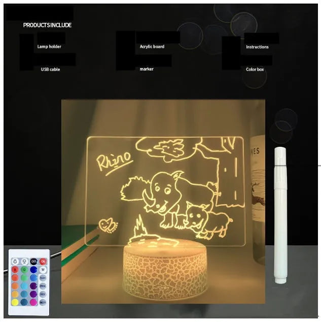 3D acrylic message board with LED lights showing handwritten message on illuminated surface