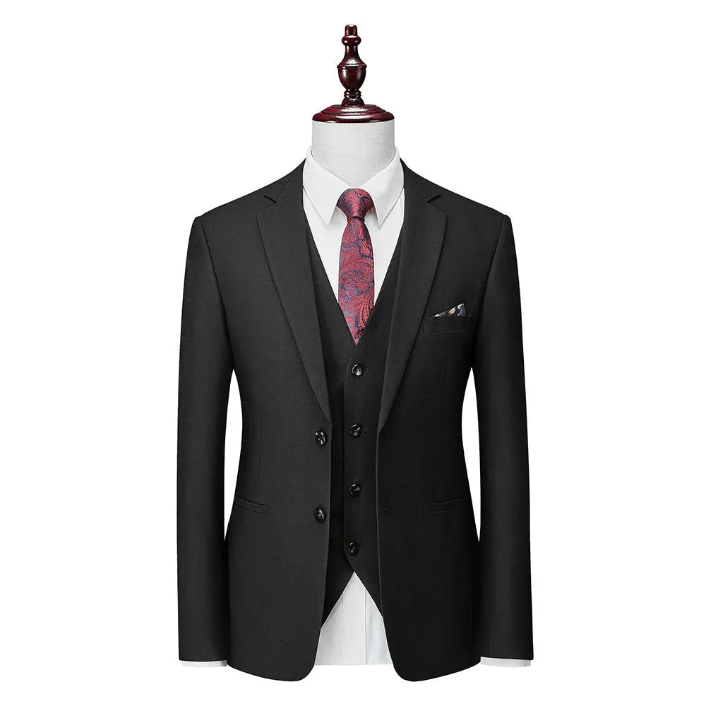 Men's navy blue plaid slim fit three-piece business casual suit with vest, jacket, and trousers