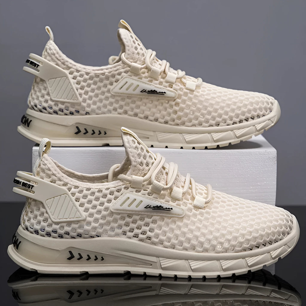 Men's beige mesh breathable sneakers with synthetic leather upper and front lace-up
