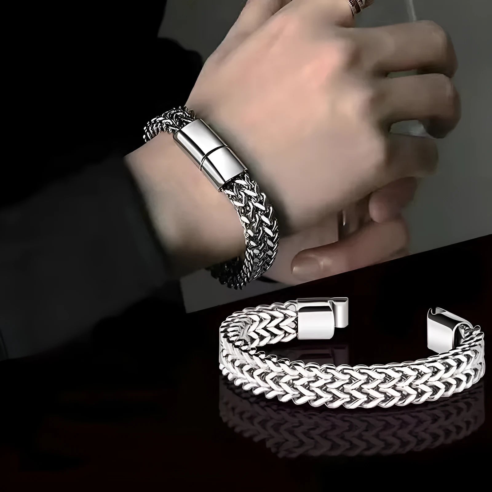 Silver titanium steel men's bracelet with geometric pattern on front and back surfaces