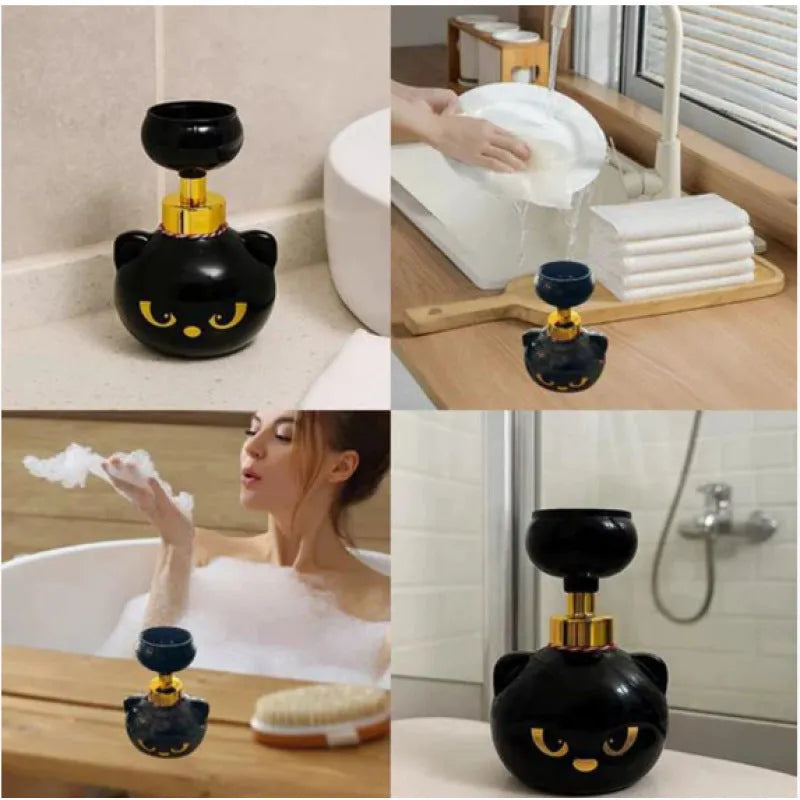 Black plastic cartoon cat-shaped automatic foam soap dispenser unit.