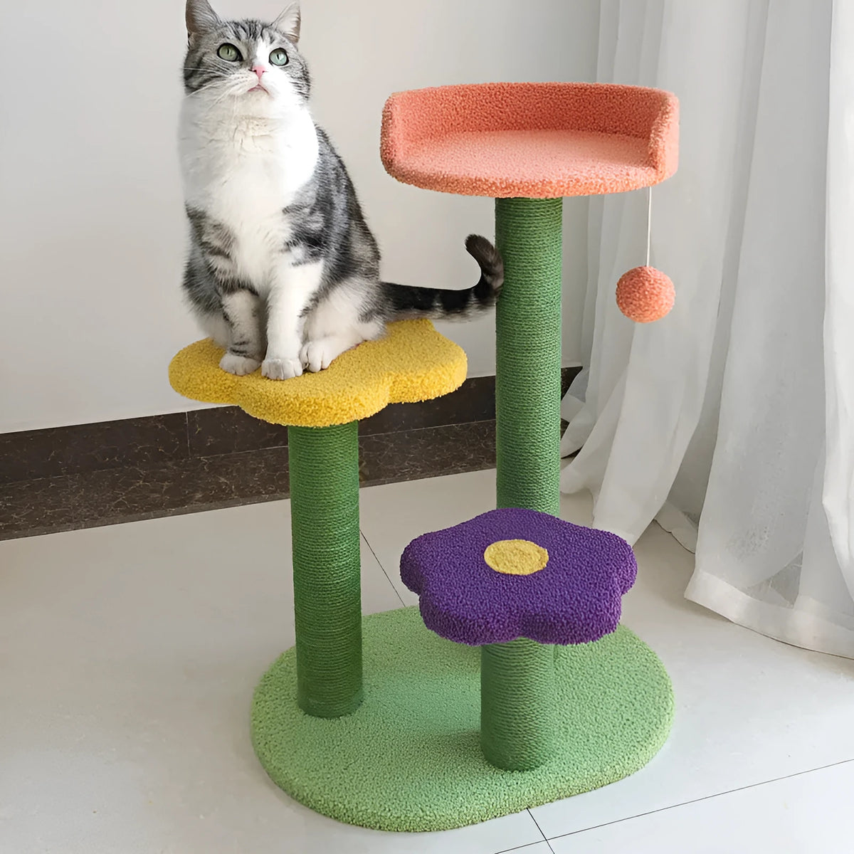28-inch cat tower with sisal scratch board, lambswool backrest or round nest, wood frame, 4.5kg