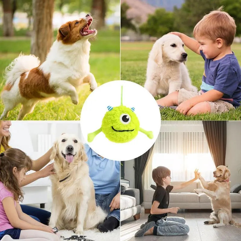 Green plush and TPR dog toy ball with bite-activated sound for teething puppies