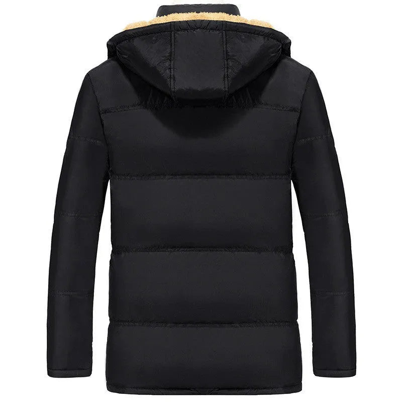Men's black padded winter jacket with hood and double-breasted closure showing velvet lining
