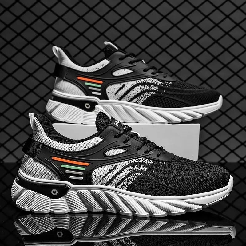 Men's white blue and black platform casual sports shoes with mesh upper and cross shoulder straps.
