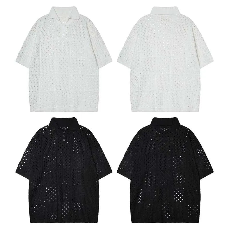Man's black short-sleeved polo shirt with a hollow-knit texture and a loose, cardigan-style fit.