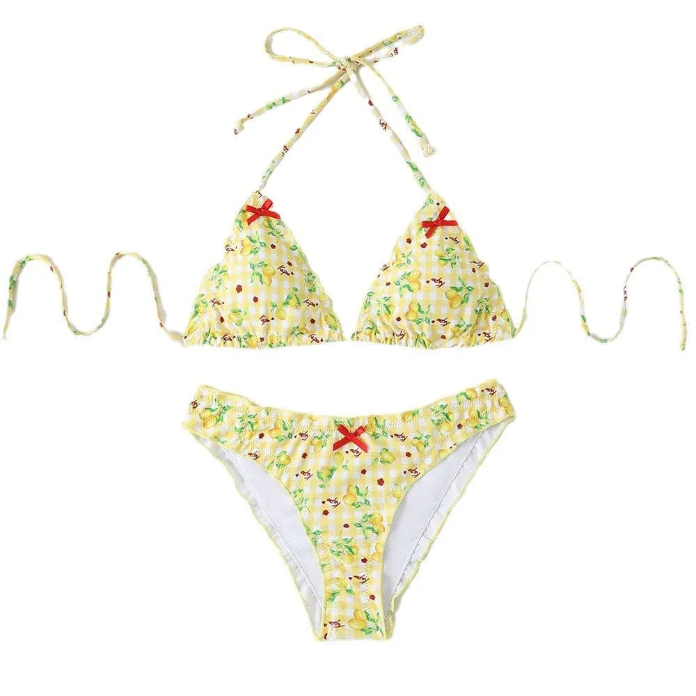 Floral backless two-piece bikini set with nylon fabric and polyester lining in sizes S M L