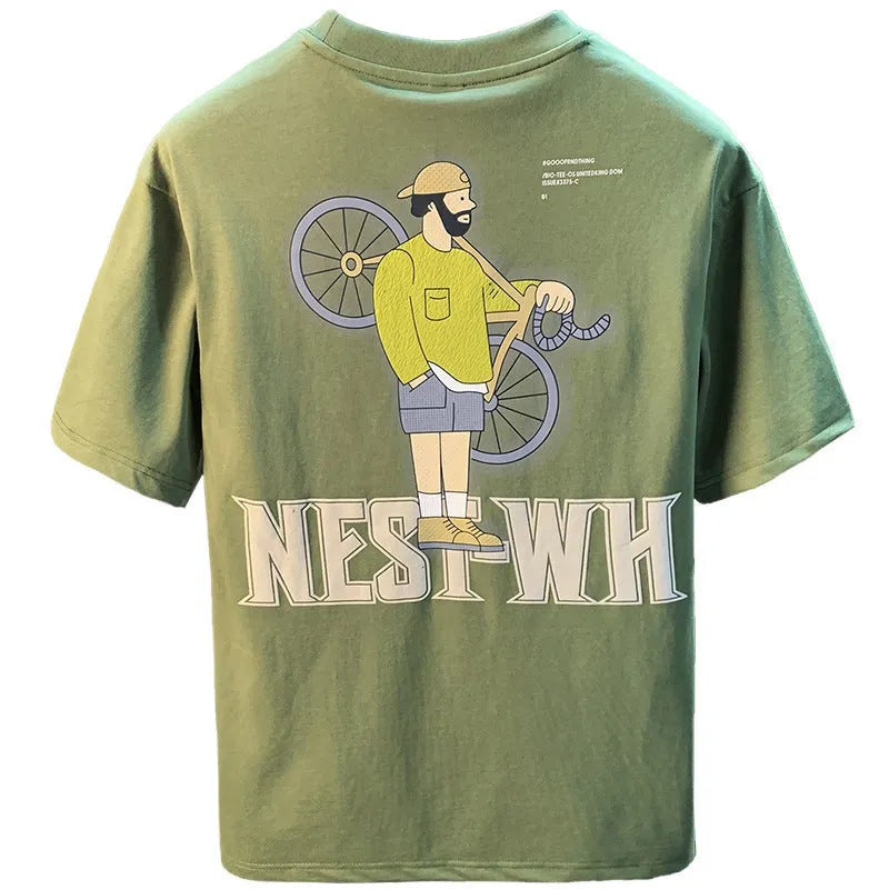 Green men's loose fit t-shirt with literary print design and short sleeves