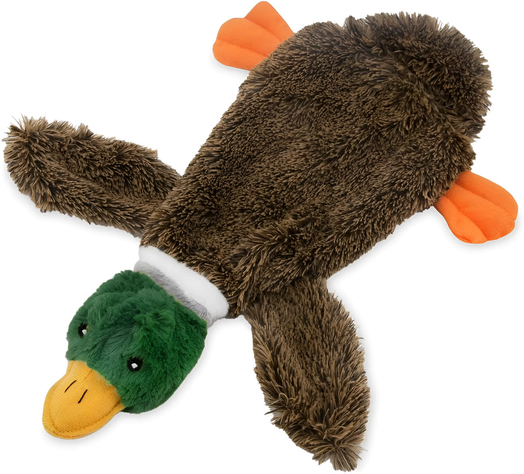 Green wild duck shaped stuffless plush dog toy with dual squeakers and a bottom fastener for bottle insertion.