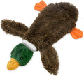 Green wild duck shaped stuffless plush dog toy with dual squeakers and a bottom fastener for bottle insertion.