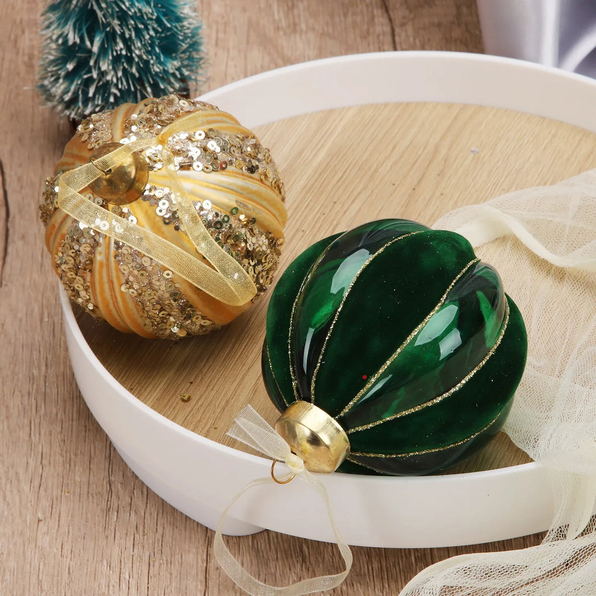 Green and yellow striped flocking Christmas glass ball decoration, 80mm mosaic geometric blown glass ornament