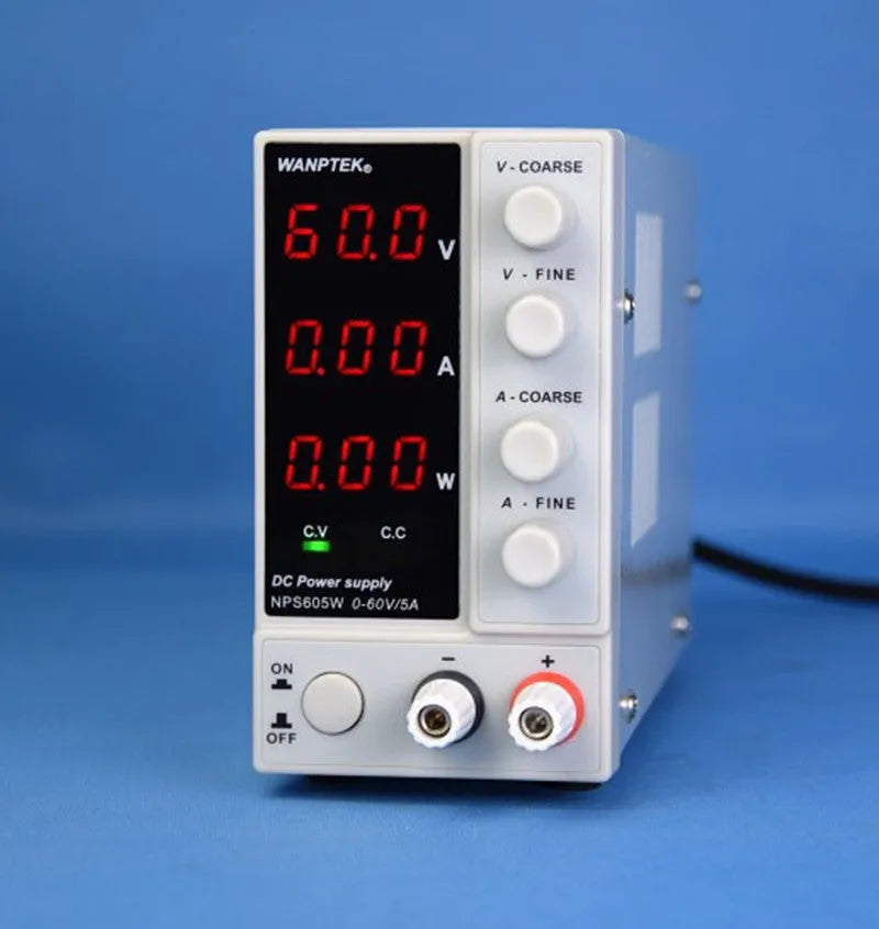 White adjustable DC bench power supply model S605W with 60V 5A output for mobile phone and notebook repair.