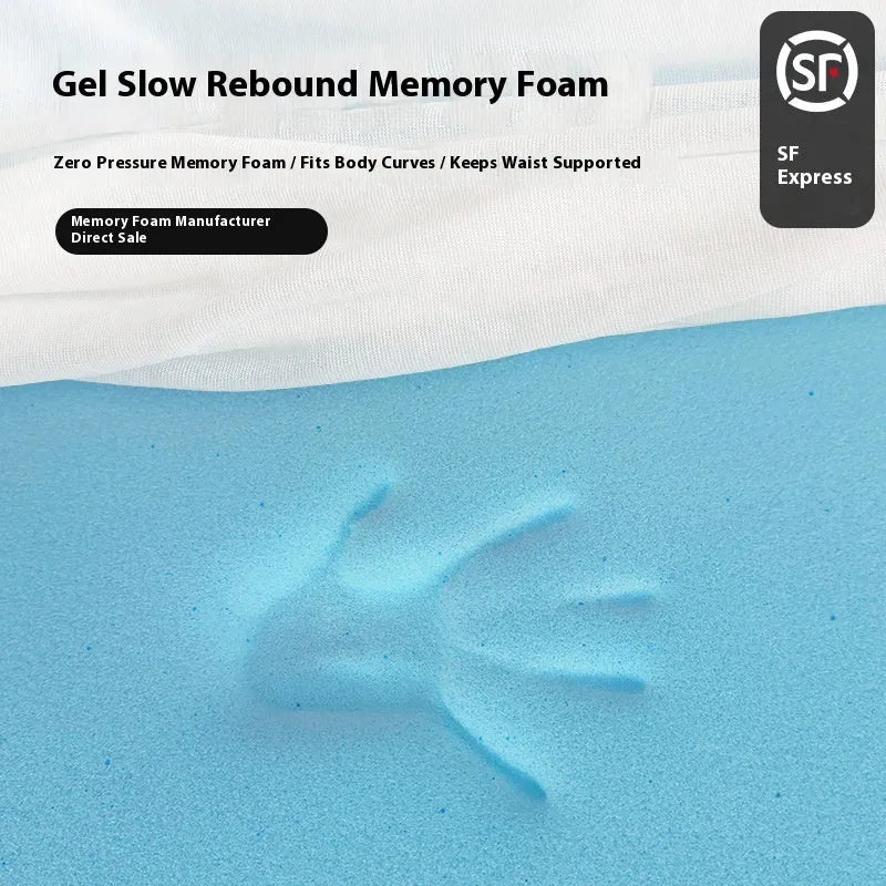 Thin gel memory cotton tatami mattress showing side profile with 2cm, 3cm, and 5cm thickness options on a bed frame.