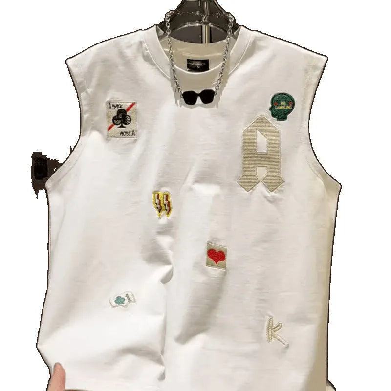 Men's white cotton sleeveless vest with cartoon print graphic in loose fit style