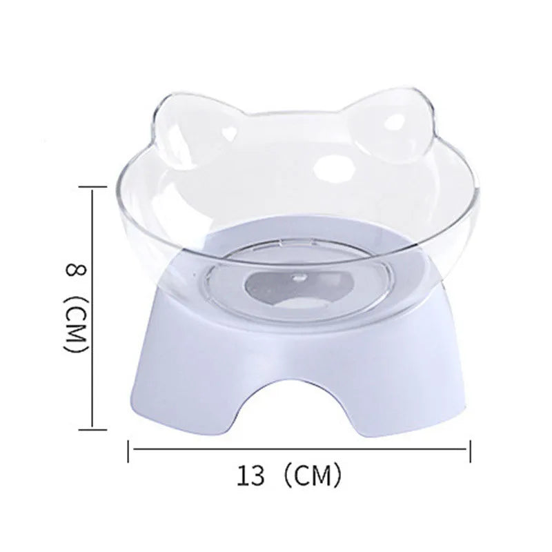 Tilted elevated cat bowl feeder with non-slip support in blue, pink, or white, made from non-toxic material