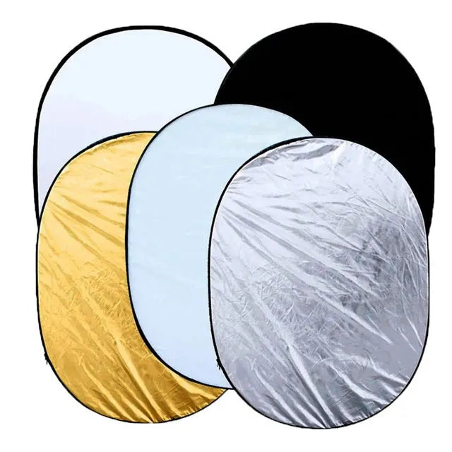5-in-1 collapsible photography light reflector with gold, silver, white, black, translucent surfaces.