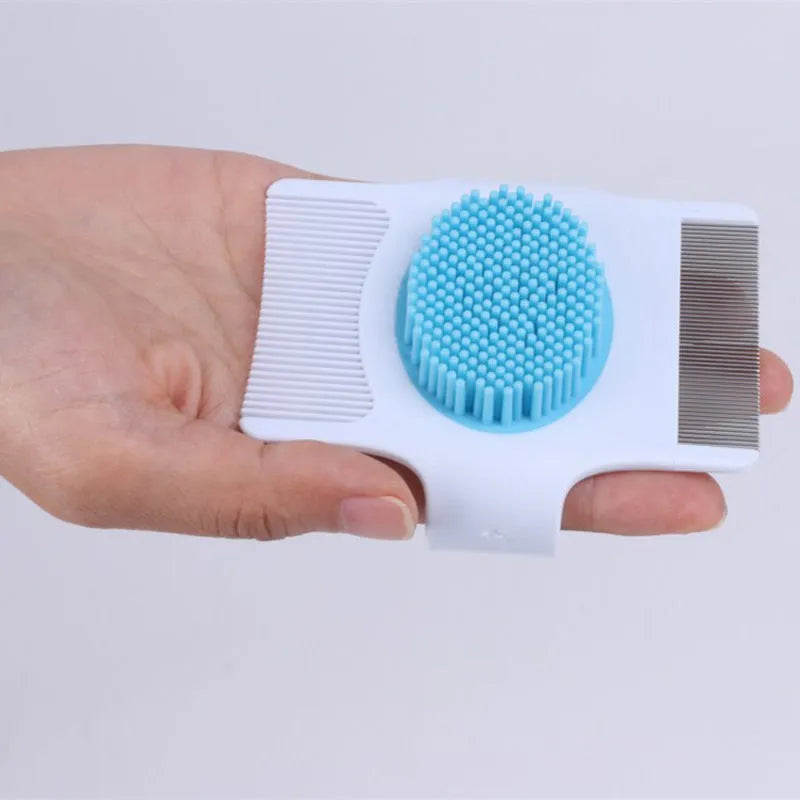 Blue or green multifunctional pet grooming comb for hair removal and de-shedding