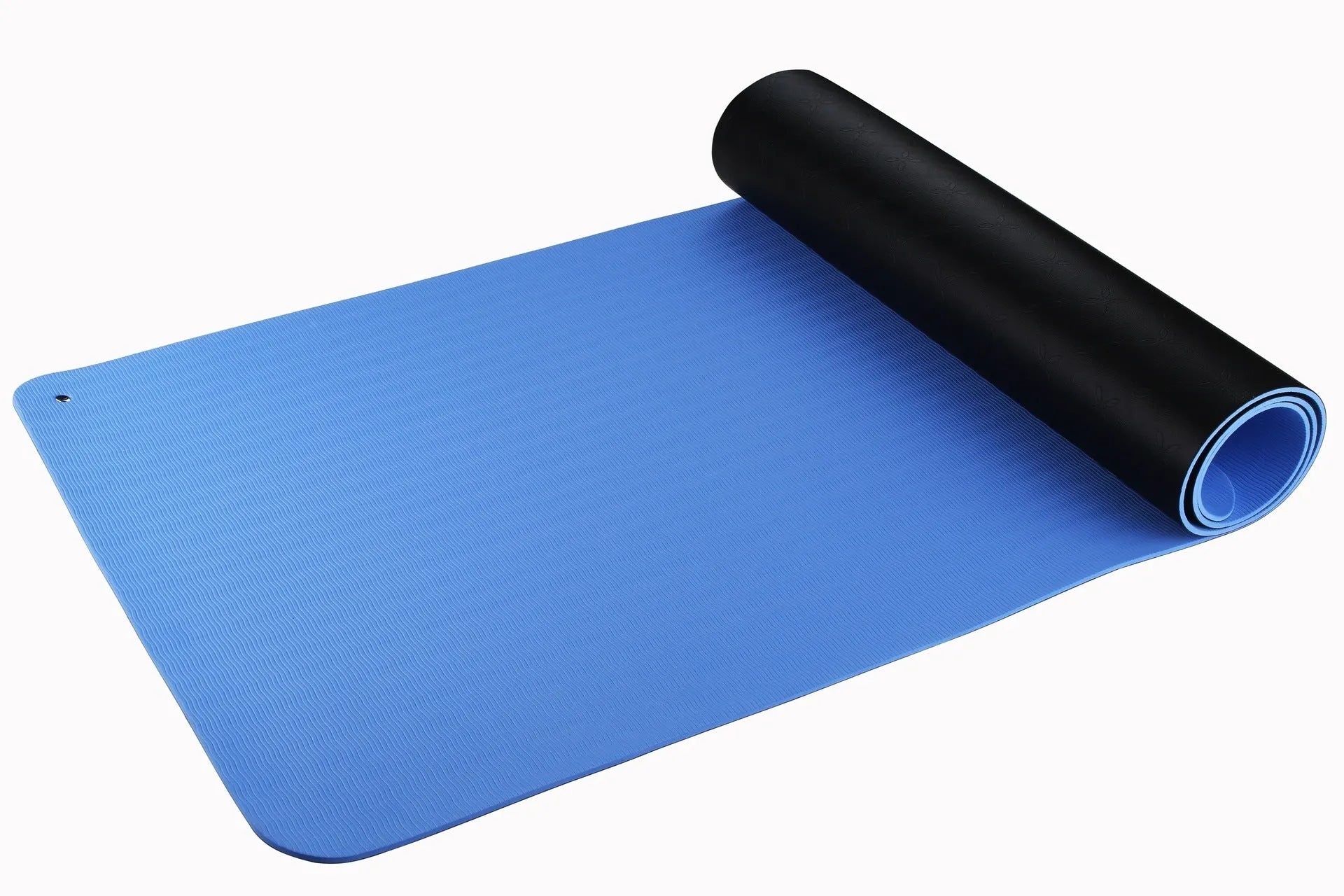 Blue conductive yoga mat with grounding wire, showing plant pattern and 182cm length.