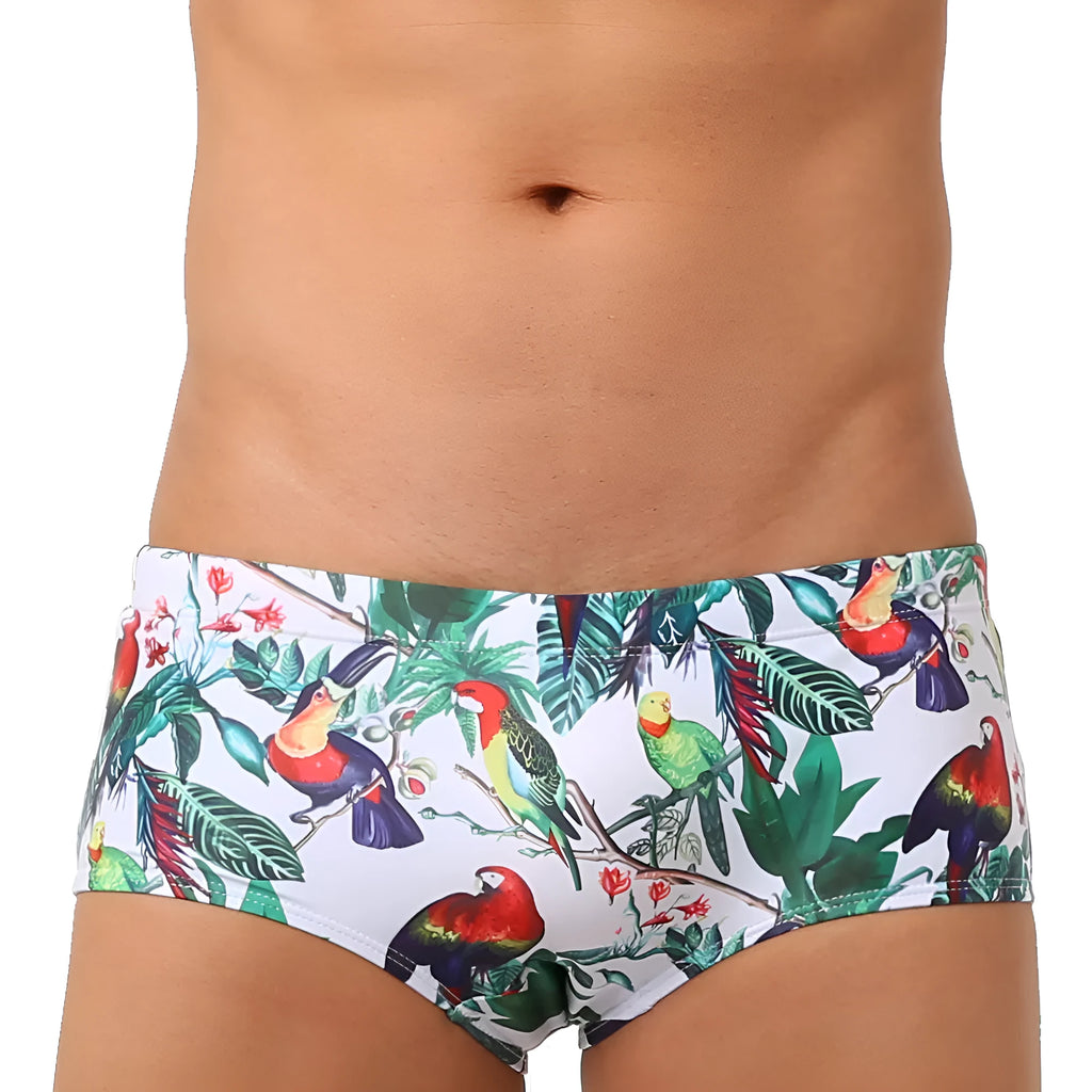 Men's swimming trunks with flower and bird print design in nylon fabric for beach and pool swimming