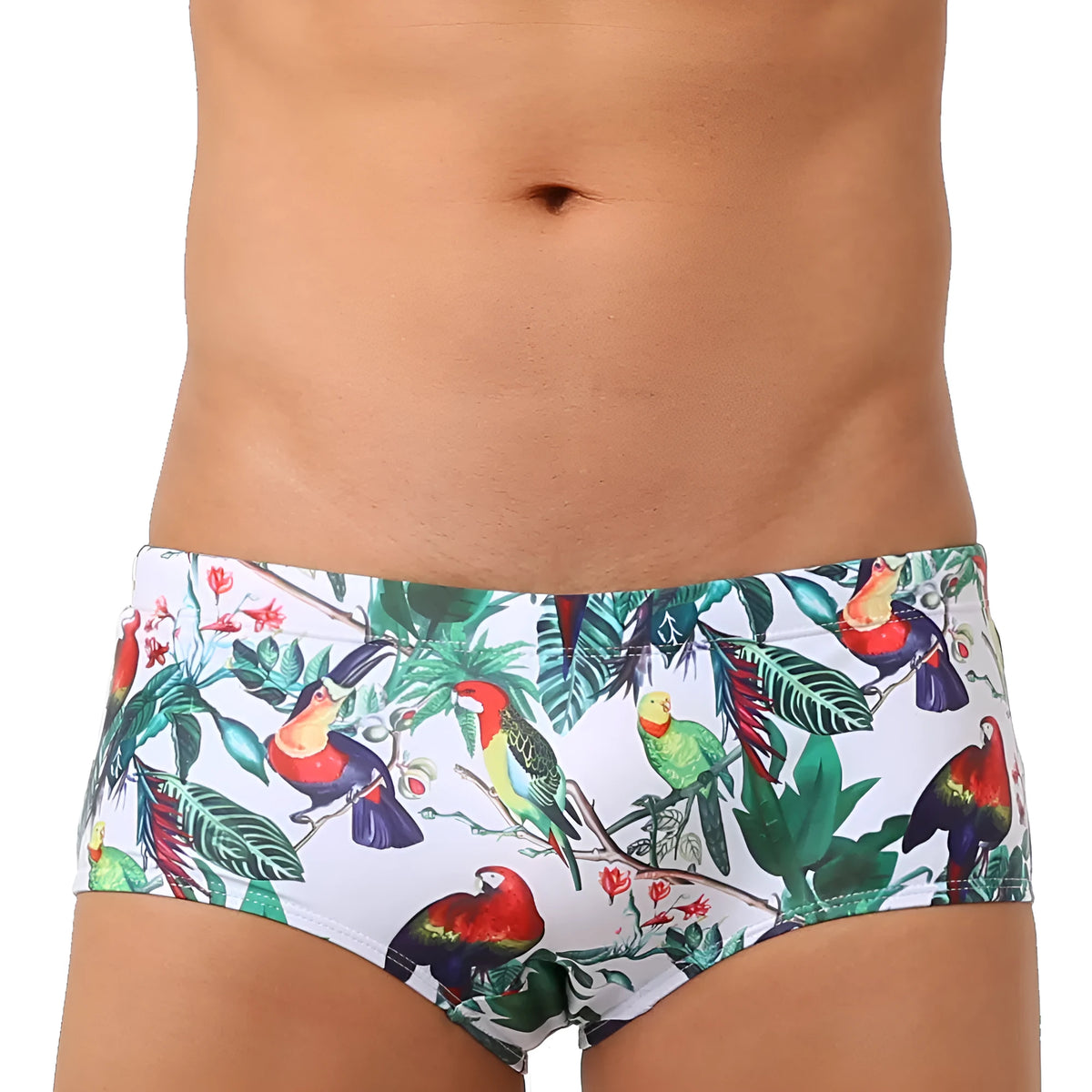 Men's swimming trunks with flower and bird print design in nylon fabric for beach and pool swimming