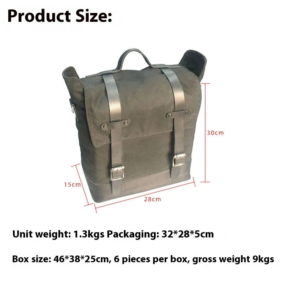 Motorcycle side bag with waterproof canvas construction showing mounting straps and main compartment