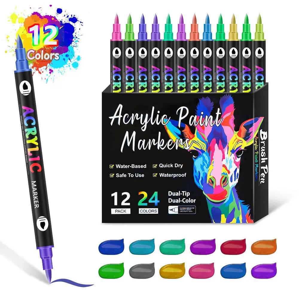 Set of double-headed acrylic marker pens showing fine and broad tips with opaque washable colours