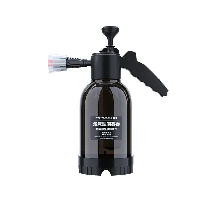 Black 2L plastic foam watering can sprayer with pump handle and two nozzles for car washing and gardening.