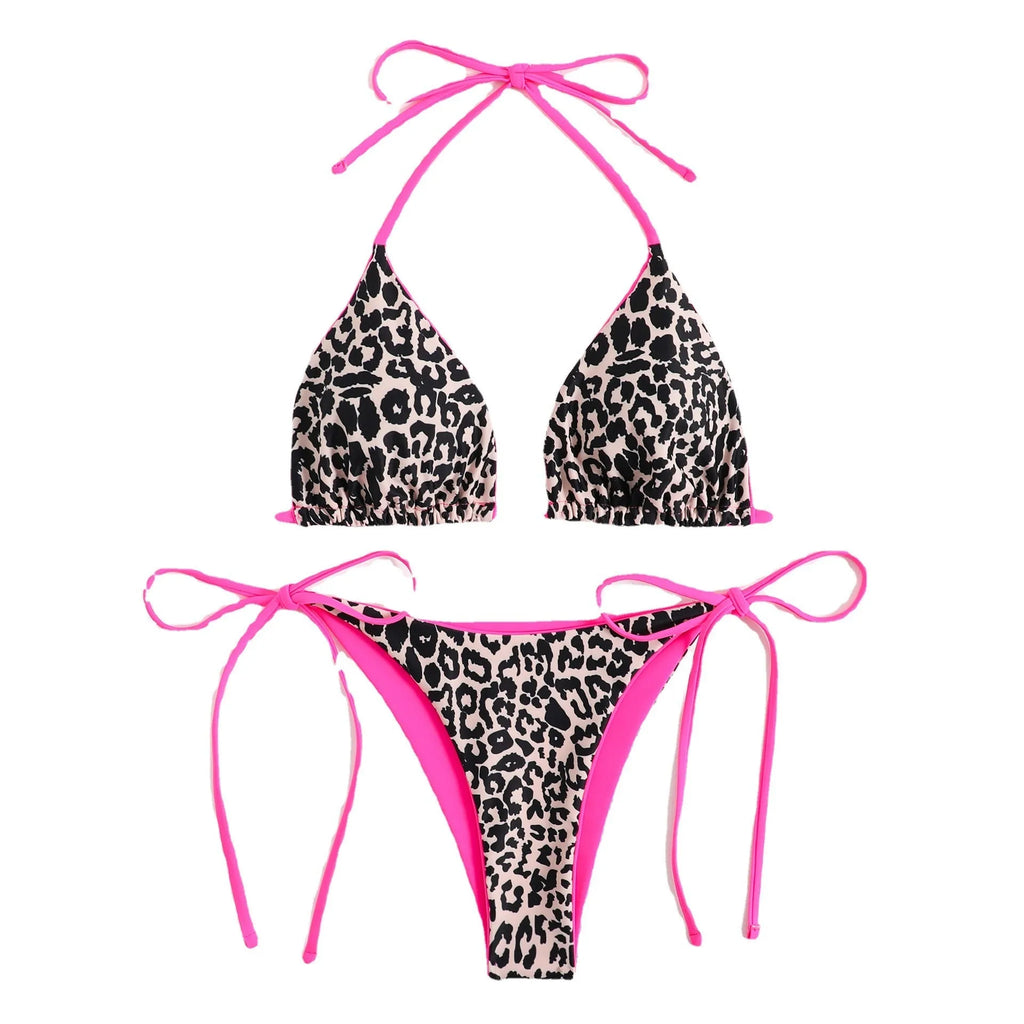 Women's lace-up front triangle bikini set with adjustable tie closure
