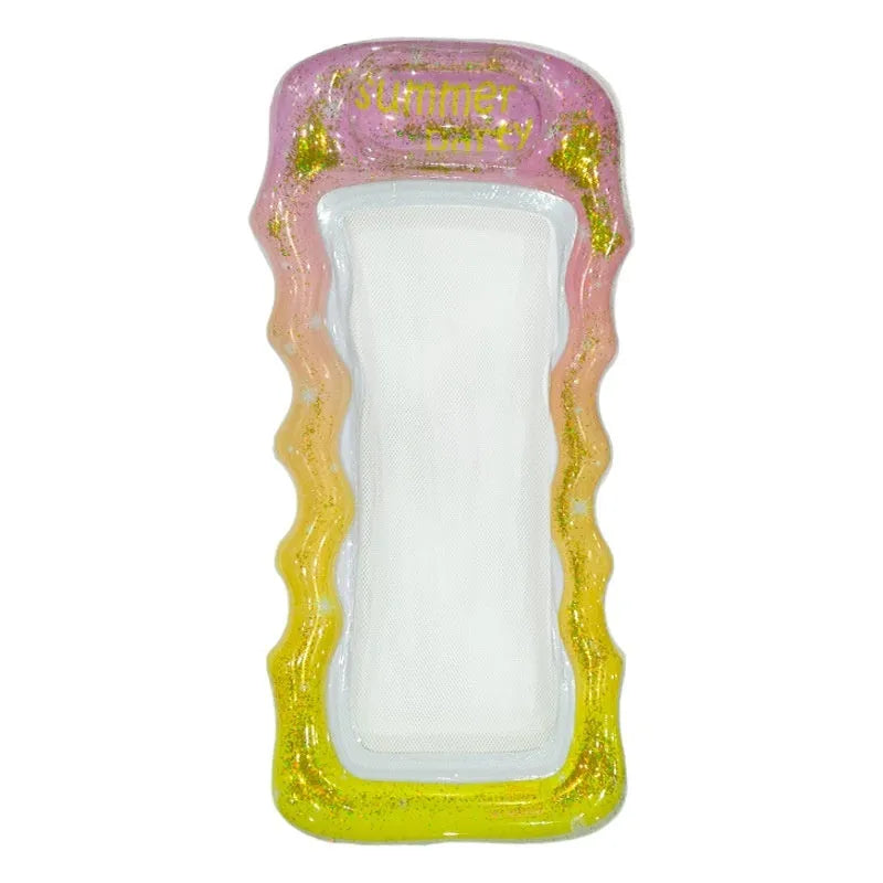 Thick PVC inflatable floating row with colourful sequins and mesh design on blue water